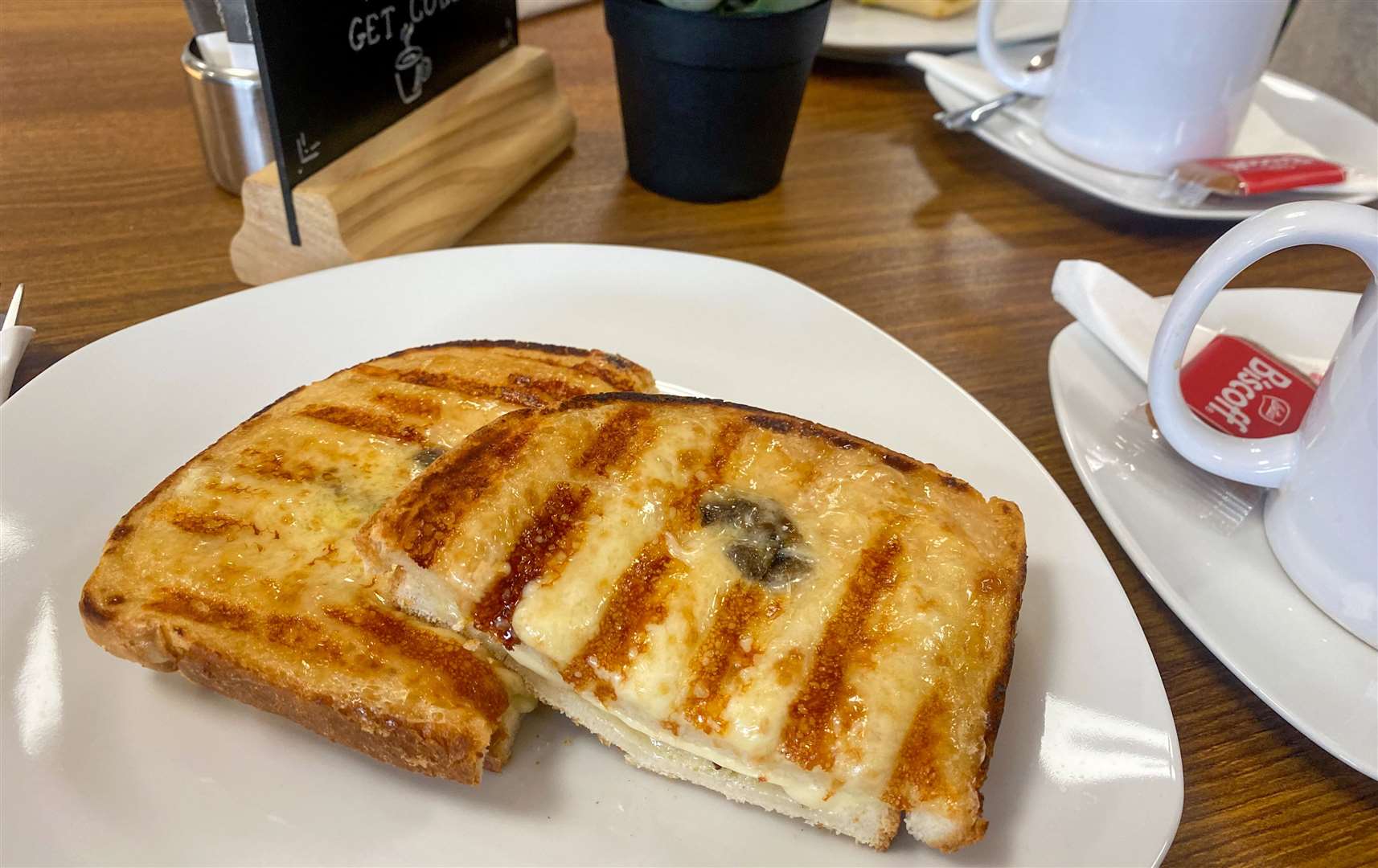 The mushroom toastie was delivered piping hot and was incredibly cheesy and gooey