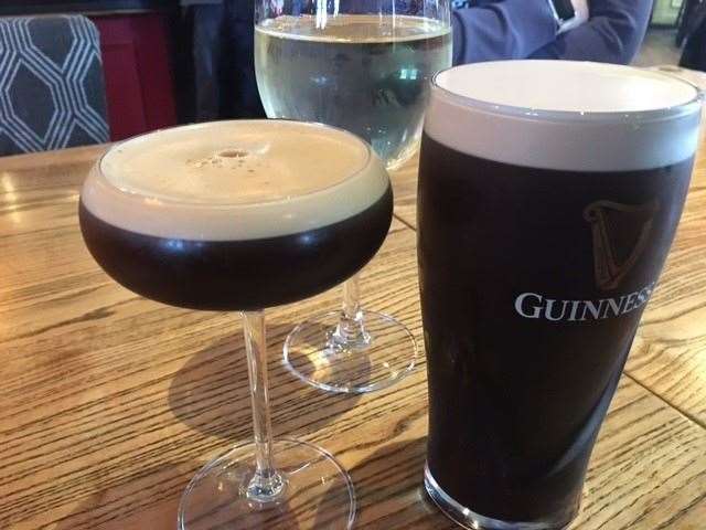 The first round was as black and white as it’s possible to be – an espresso martini is flanked by a traditional Guinness with the large glass of white in the background