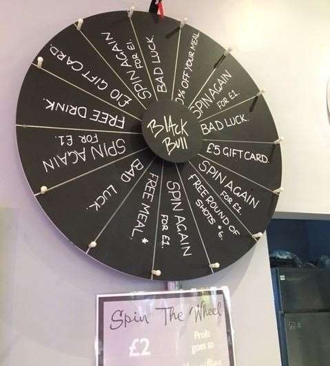 Punters are encouraged to spin the Black Bull wheel to raise much needed funds for charity. Or at least, they were prior to Covid – although no staff were clear why the pandemic had forced it out of action.