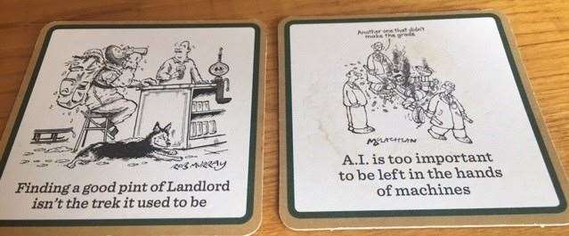 As traditional as it comes, the beer mats, courtesy of the Timothy Taylor Brewery, add a light-hearted note