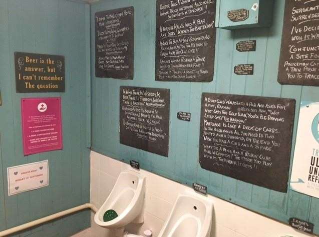 Like the rest of the pub, the walls of the gents are filled with plenty of chalkboards displaying witticisms, dodgy jokes and general advice for the unwary