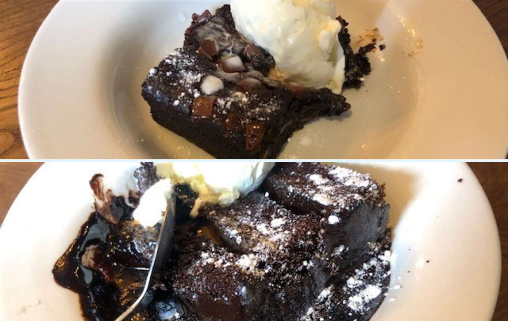 Looking, and tasting, fairly similar, one of these puds is a triple chocolate brownie and the other a chocolate fudge cake – the brownie was £5.99 and the cake £5.29.