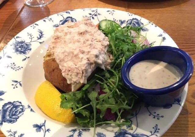 The tuna mayo baked potato, with salad and a slice of lemon, was delivered within a matter of minutes – it really was a decent bite