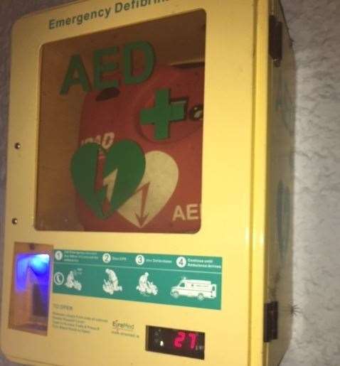 The defibrillator sits on an outside wall of the pub and is protected by the roof of Dell’s Dog House