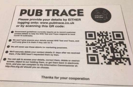Complying with the pub trace system is left to the discretion of customers. You are asked to either log on of scan in a QR code.