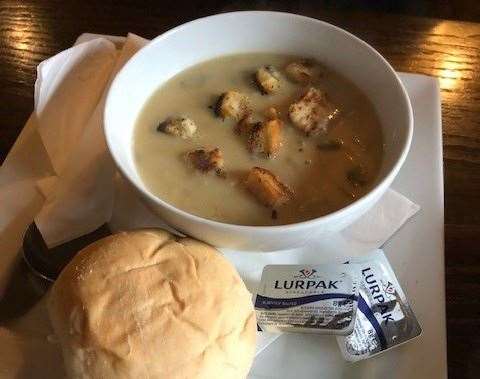 The SD Apprentice selected soup and a roll for £7 – there were a few varieties on offer and he went for potato and leek, complete with croutons