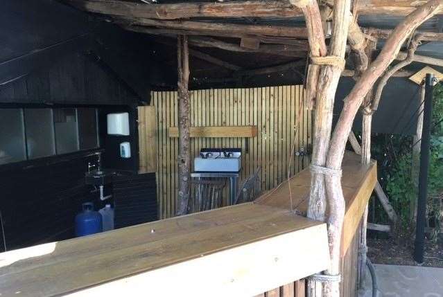 Not in use during our visit, this rustic bar at the back of the garden area is only called into use on really busy days