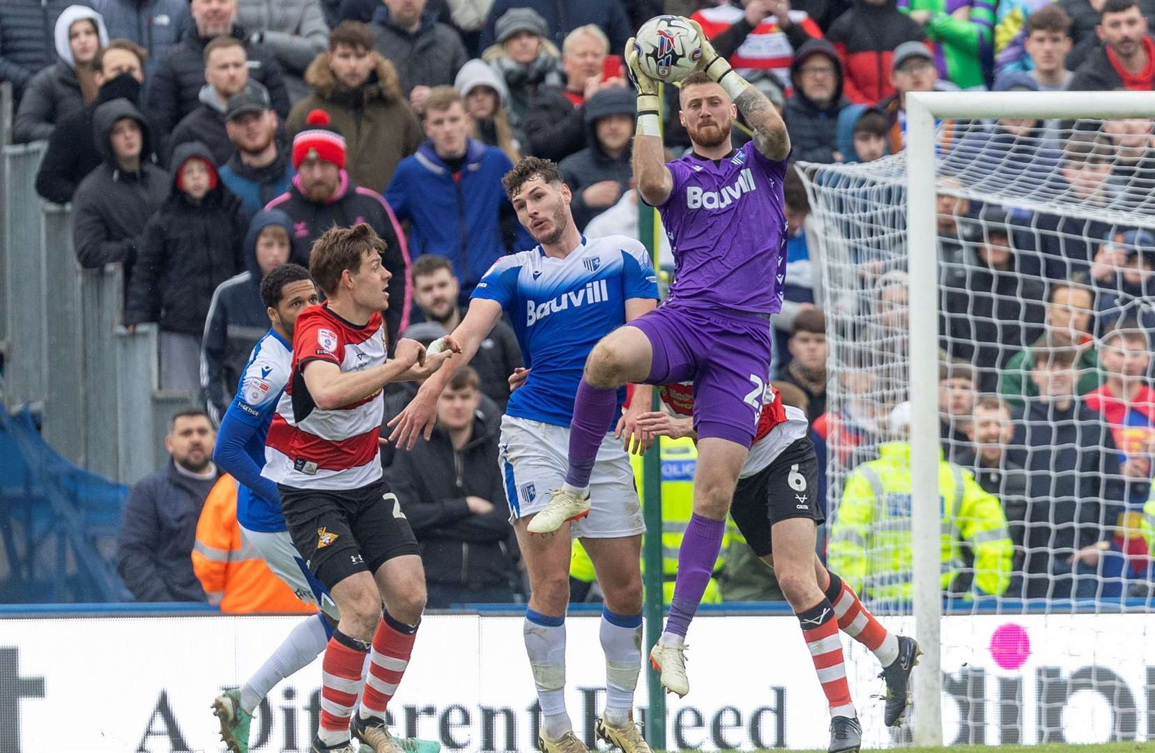 Jake Turner takes a catch as Gillingham fight back to draw with Doncaster Rovers Picture: @Julian_KPI