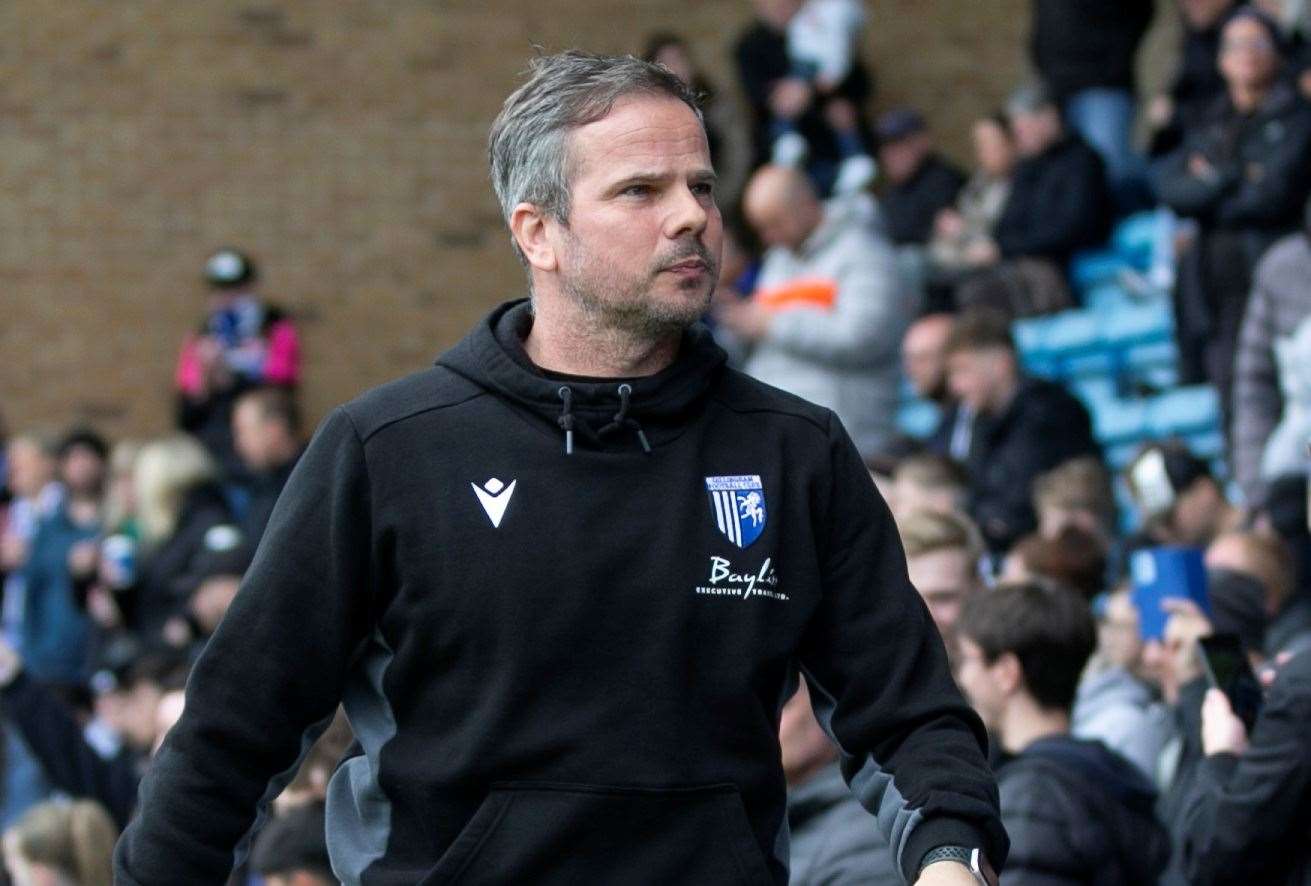 Gillingham head coach Stephen Clemence was booked after his protest towards the fourth official Picture: @Julian_KPI