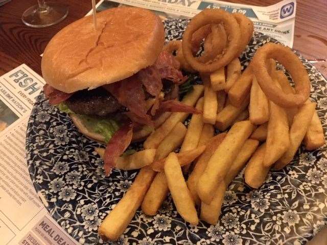 The Empire State Burger came with chips and onion rings