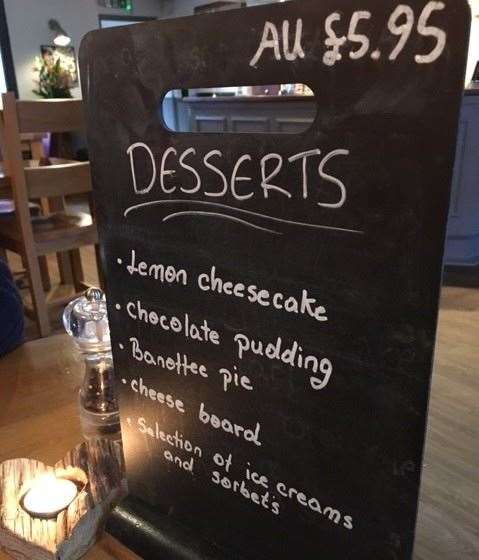 The desserts, all priced at £5.95, were displayed across a blackboard