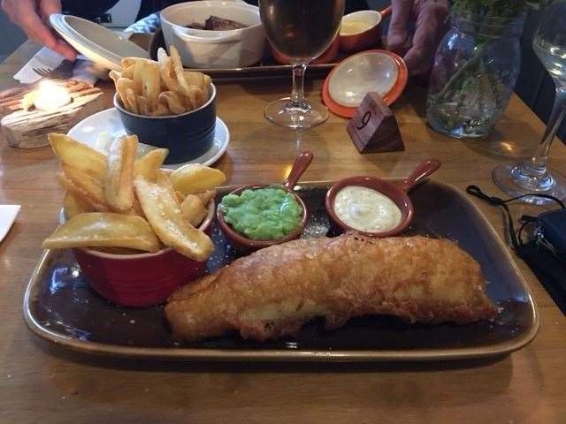 Mrs SD’s fish and chips, served with mushy peas and tartare sauce, was served without a single lid in sight